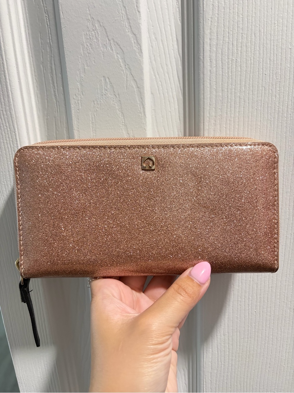 kate spade rose gold glitter zip-around wallet